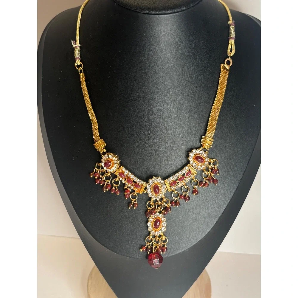 Vintage Indian Style Bib Necklace Gold Tone Red Stone Rhinestone 24